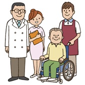 車椅子に乗った高齢者、介護士、看護師、医師が並んだイラスト