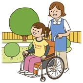 ヘルパーが車椅子に乗った女性を手押しして外出しているイラスト