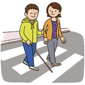 白杖を持った視覚障害者の男性が女性介助者の腕を持って横断歩道を渡っているイラスト